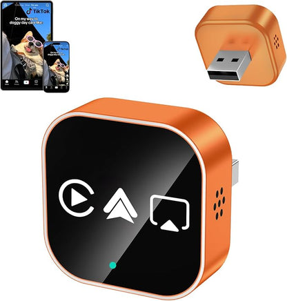 4-in-1 Wireless CarPlay & Android Auto Adapter – AirPlay & Miracast Media Hub – Seamless for Mixed Families – 5.8GHz Low-Latency & Auto-Connect – Factory Wired Cars Only (Orange)