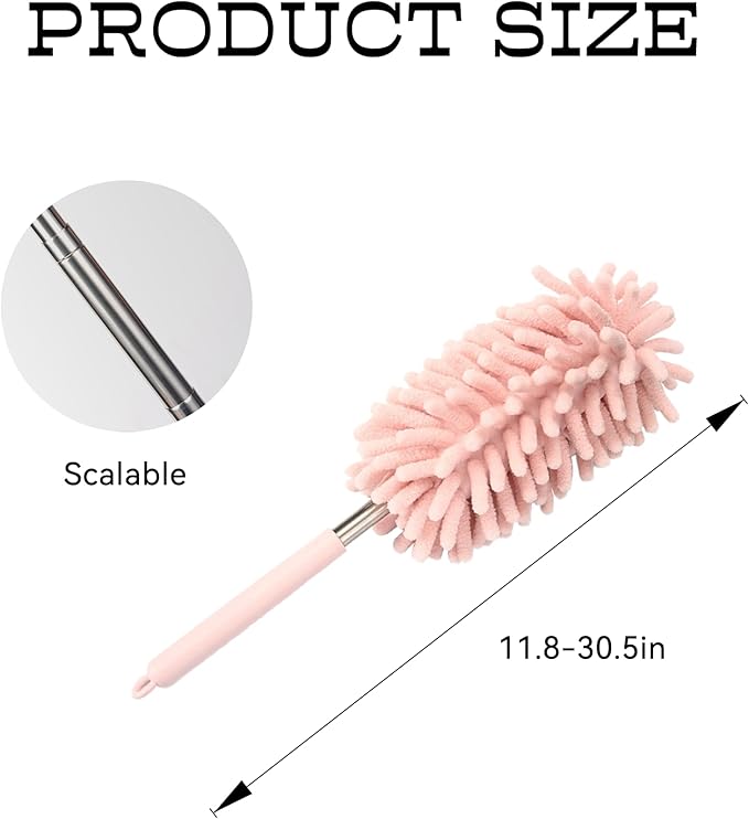2PCS Car Interior Duster with Extension Pole, Microfiber Retractable Dusters Auto Dash Cleaning Tool, Soft Chenille Hand Washable Dusters for Vehicle Window Office Furniture (Pink)