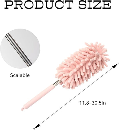 2PCS Car Interior Duster with Extension Pole, Microfiber Retractable Dusters Auto Dash Cleaning Tool, Soft Chenille Hand Washable Dusters for Vehicle Window Office Furniture (Pink)