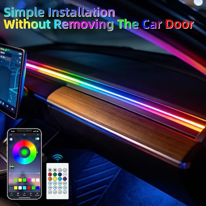 Acrylic Interior Car LED Lights with Remote and Wireless APP, Ambient Lighting Kits Fiber Optic Strip LEDs,16 Million Colors Music&DIY Function (1 in 1)