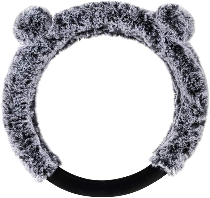 BDK Faux Fur/Wool/Sheepskin Steering Wheel Cover for Women - Cute, Bear Fur, Soft, Fluffy, and Warm, Great for Winter Gray with Ears, 14.5-15