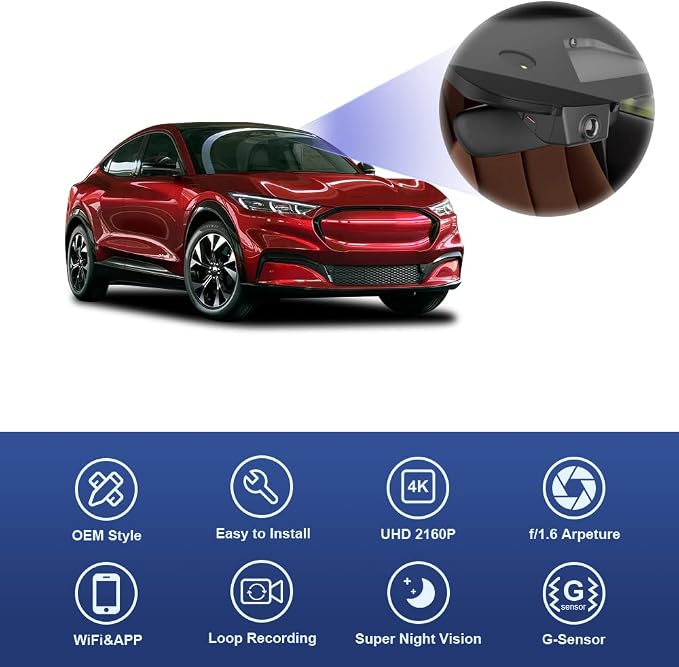 Fitcamx 4K Dash Cam Suitable for Ford Mustang Mach-E 2021-2025 GT Select Premium, OEM Factory Look, 2160P UHD Video, Built-in WiFi & APP, Loop Recording, G-Sensor, Plug & Play, 64GB Card