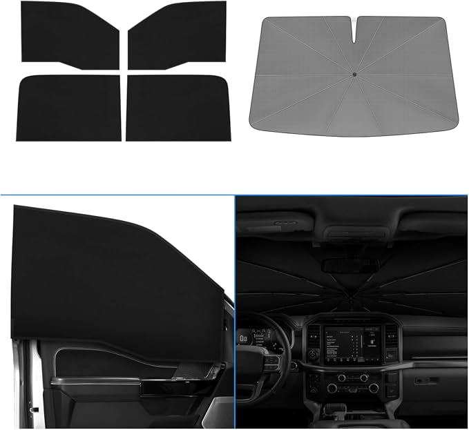 KUST Windshield Sun Shade Umbrella for Ford F150 Hybrid 2021 2022 2023 2024 2025 2026 Rear Window Shades 100% UV Protection and Blackout Privacy 5PCS Car Window Covers Accessories
