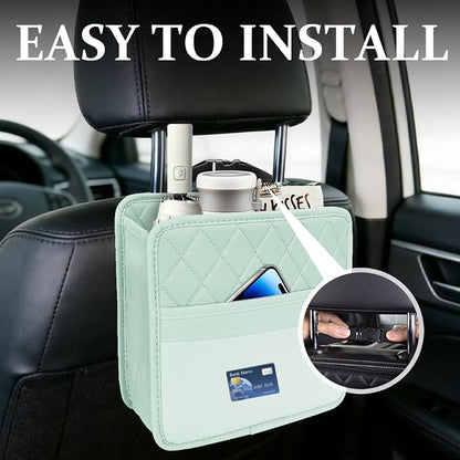 Car Seat Back Organizer, Leather Backseat Hanging Storage Bag, Multipurpose Car Hanging Trash Bag with 2 Compartments, Car Large Capacity Pouch Pocket for Kids & Adults (Green/Transparent Bag)