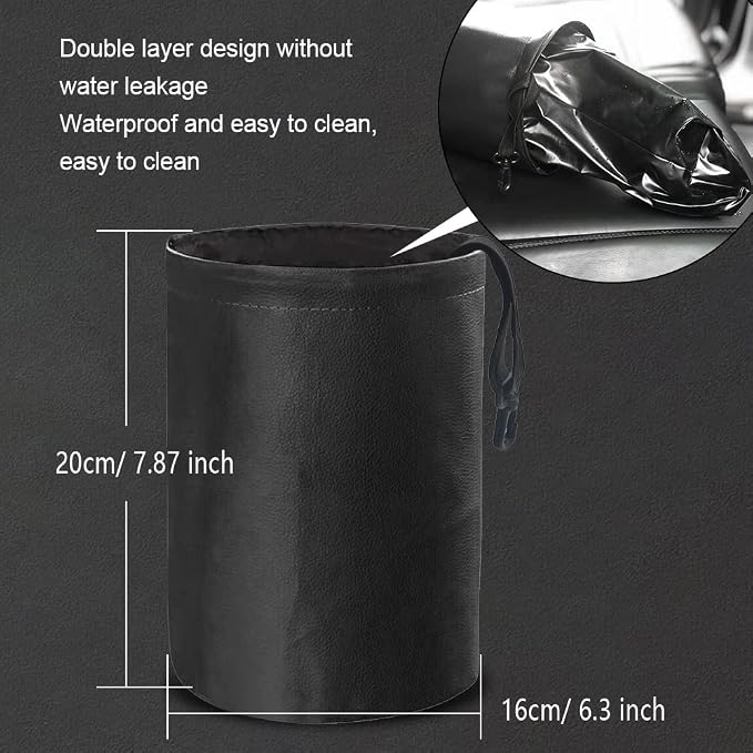 Collapsible PU Leather Car Trash Can, Waterproof Pop-Up Car Garbage Bin, Portable Multipurpose Auto Trash Container for Car Interior Accessories (Black)
