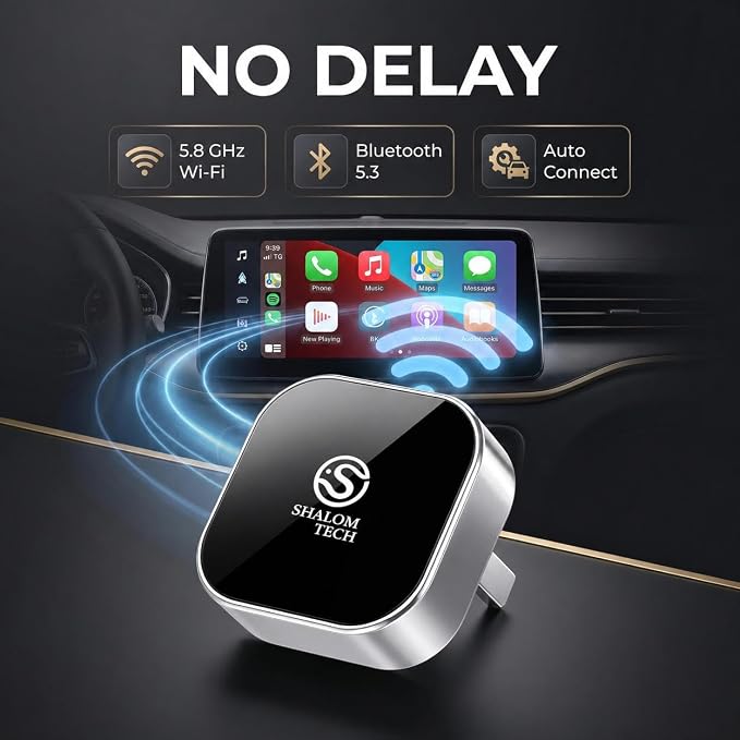 Wireless Car Play Adapter & Car Play Wireless Adapter 2-in-1, SHALOM TECH 5.8GHz Wired to Wireless Dongle, Plug & Play for Factory Wired CarPlay Cars, USB A USB C - (Silver).