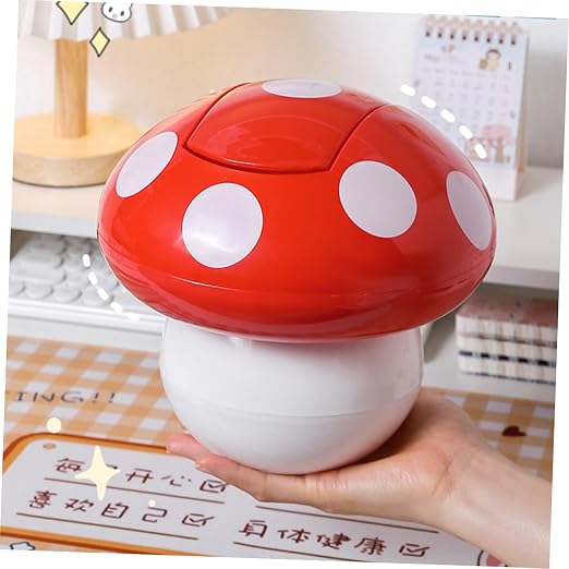 Holibanna Cute Desktop Trash Can Mushroom Garbage Bin Mini Swing Lid Tabletop Dustbin Cartoon Rubbish Storage Bin for Bedroom Bathroom Kitchen Office