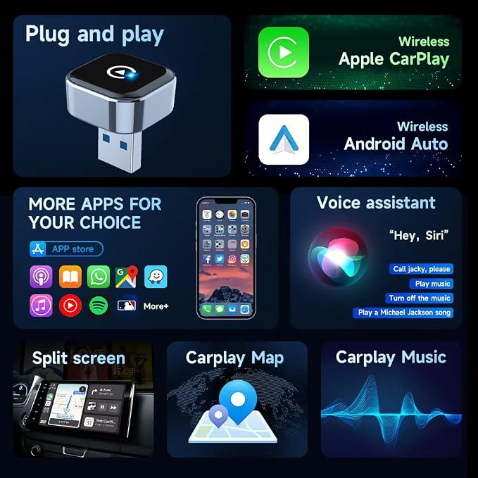 WiFi &Bluetooth 2-in-1 Wireless CarPlay Adapter, Auto Convert Wired to Wireless with USB, Plug & Play, No Delay Car Play with iOS & Android