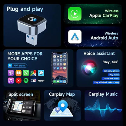 WiFi &Bluetooth 2-in-1 Wireless CarPlay Adapter, Auto Convert Wired to Wireless with USB, Plug & Play, No Delay Car Play with iOS & Android