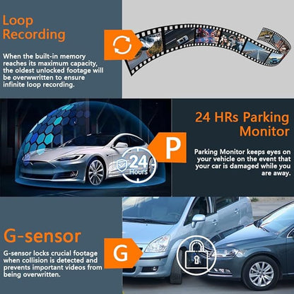 4 Channel 4K Dash Cam Front and Rear Inside, 360° View 1080P Dash Camera for Cars, Super Night Vision, Gravity Sensor, Loop Recording, WDR, 24H Parking Mode, WiFi & APP Control, with 64GB Card