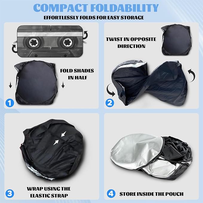Black White Retro Car Front Window Sun Shield Cassette Music Tape Heatshield Front Window Car Sun Shade Windshield Rays Sun Shade Visor Protector for Car Sedan Truck SUV Accessories 59" L x 31.5" W