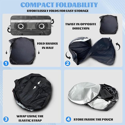 Black White Retro Car Front Window Sun Shield Cassette Music Tape Heatshield Front Window Car Sun Shade Windshield Rays Sun Shade Visor Protector for Car Sedan Truck SUV Accessories 59" L x 31.5" W
