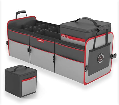 LIBZAKI Car Trunk Organizer,3 Compartments Big Trunk Storage, Large Capacity, Foldable, 95L Heavy Duty Storage Box for Car, SUV, Truck,Jeep, Includes 26L Cooler Bag-Gray&Black