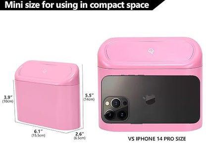 Ginsco Mini Car Trash Can with Lid, Small Car Garbage Can, Cute Leakproof ABS Car Trash Bin, Car Accessories for Interior, Garbage Bin for Car, Home, Office with 60pcs Trash Bags Pink
