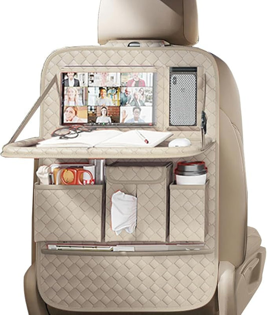 XDV Car Seat Organizers,Multi-functional Back Seat Protectors, Storage Pouches, and Tray Holders (for Cars, Kids, Seat Back and Rear Seats) (Woven Beige, 1 Pcs)