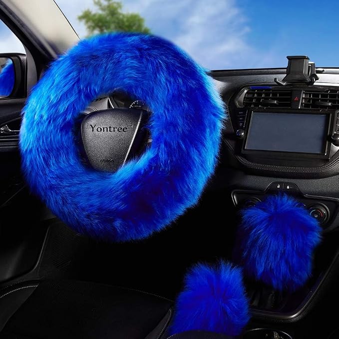 Yontree Fashion Fluffy Steering Wheel Covers for Women/Girls/Ladies Australia Pure Wool 15 Inch 1 Set 3 Pcs (Blue)