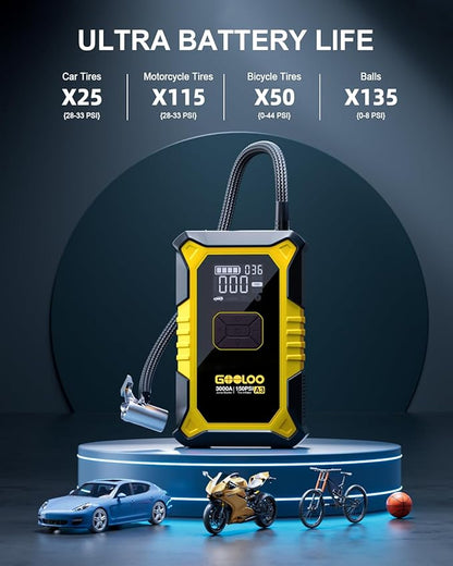 GOOLOO A3 Jump Starter with Air Compressor, 3000A Portable Car Battery Jumper Starter (9.0L Gas/6.5L Diesel) with 150PSI Auto-Shutoff Tire Inflator, 12V Supersafe Lithium Jump Box Car Booster, Yellow
