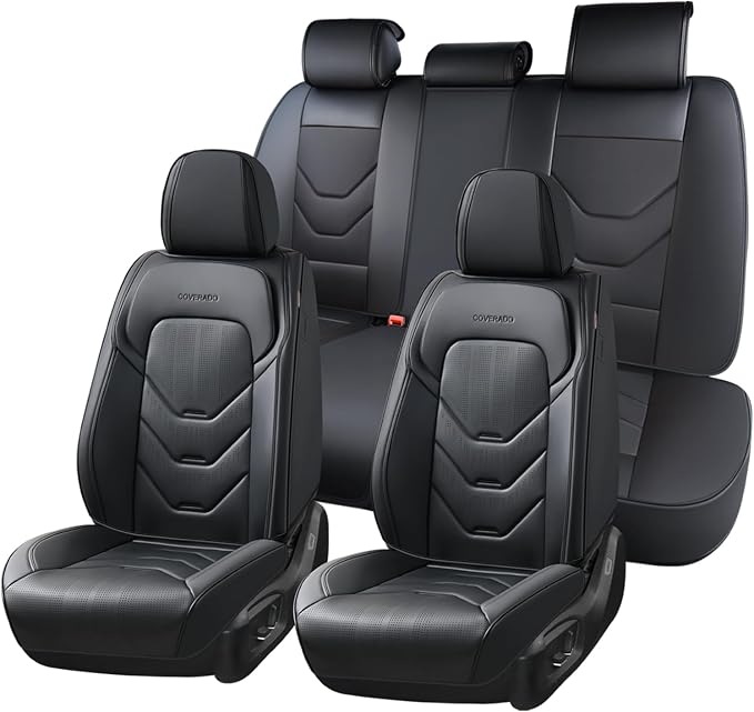 Coverado Car Seat Cover, Black Seat Covers for Cars, 5 Seat Leather Seat Covers, Waterproof Car Seat Protector, Front and Back Seat Cover, Universal Car Seat Cushion for Most Sedan SUV Truck