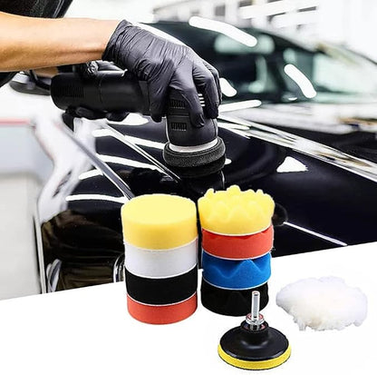 11Pcs 3 Inch Car Foam Drill Polishing Pad Kit, 5 Color Graded Sponge Buffing Pads + Wool Buff Pad, Hook & Loop Backing Plate with M10 Drill Adapter for Auto Detailing, Polishing, Waxing, Sealing Glaze