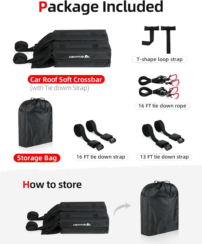 Abahub Soft Roof Rack Pads with 2 Tie Down Straps, 2 Tie Down Ropes, 2 Hood Loops and Storage Bag, for Surfboard, Kayak, Canoe, Heavy Duty Universal Car Roof Racks System Black 32 Inch