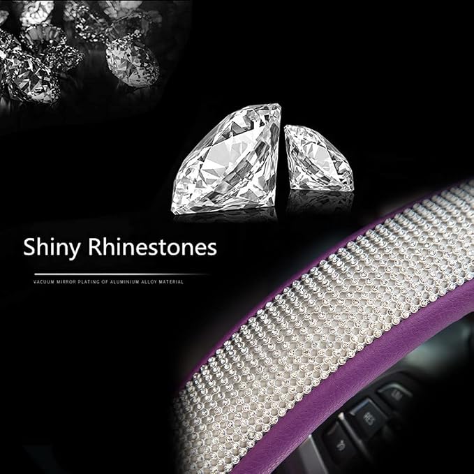 New Diamond Leather Steering Wheel Cover with Bling Bling Crystal Rhinestones, Universal Fit 15 Inch Car Wheel Protector for Women Girls Purple