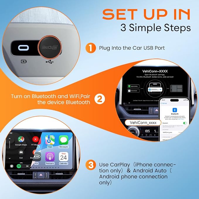 Carlinkit Wireless CarPlay & Android Auto Adapter, Mini Ultra3 for OEM Wired to Wireless Dongle for iOS 10+ & Android 11+, Plug & Play, USB-A/Type-C Online Upgrade, Fast Auto-Reconnect(Orange)