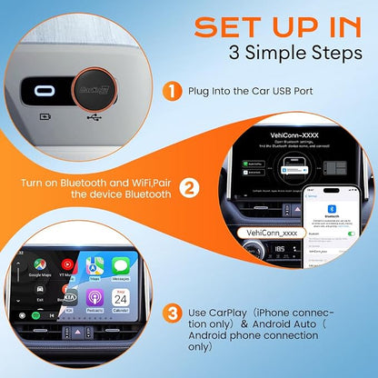 Carlinkit Wireless CarPlay & Android Auto Adapter, Mini Ultra3 for OEM Wired to Wireless Dongle for iOS 10+ & Android 11+, Plug & Play, USB-A/Type-C Online Upgrade, Fast Auto-Reconnect(Orange)