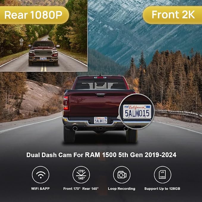 Fitcamx 2K Dual Dash Cam Suitable for RAM 1500 (Model A) 2019 2020 2021 2022 2023 2024 Rebel Big Horn Laramie, OEM Style, Front 1440P+Rear 1080P Video, Loop Recording WiFi, G-Sensor, Easy to Set, 64GB