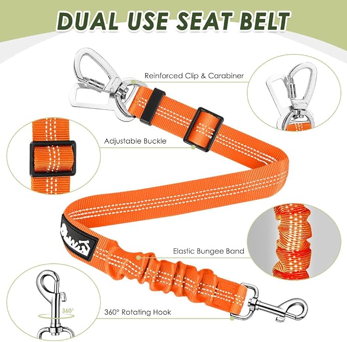 Lukovee Dog Car Harness Seat Belt, Adjustable Mesh Breathable Vest with Elastic Bungee Tether, Soft Padded 2-in-1 Safety Car Harness Seatbelt for Small Medium Large Dogs (Orange,L)