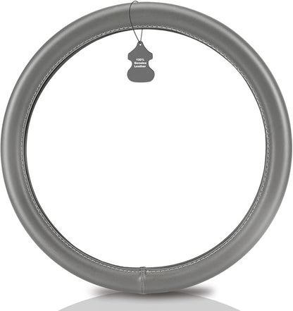 Haokay Heavy Duty Pure Cowhide Steering Wheel Cover SUV Car, Gray Genuine Leather Steering Wheel Cover Men Women Universal 14.5 to 15 Inch