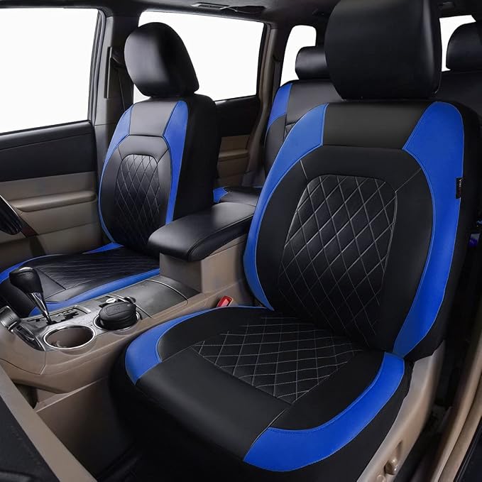 Universal Deluxe Pu Luxury Vinyl Faux Leather Car Seat Covers Two Front 6 Pieces Airbag Compatible Fit for Cars SUV Vehicles (Black and Blue)
