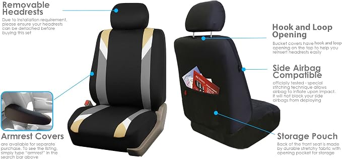 FH Group Premium Modernistic Flat Cloth Car Seat Covers – Universal Fit, Washable Seat Covers for SUV Sedan Van, Beige, Full Set