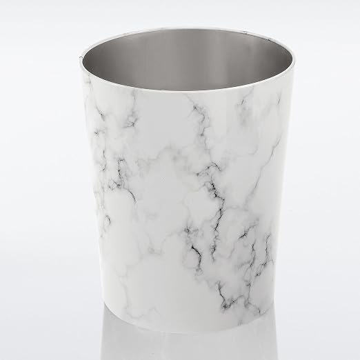 mDesign Round Metal Small 1.7 Gallon Recycle Trash Can Wastebasket, Garbage Container Bin for Bathrooms, Kitchen, Bedroom, Home Office - Durable Stainless Steel - Mirri Collection - White Marble