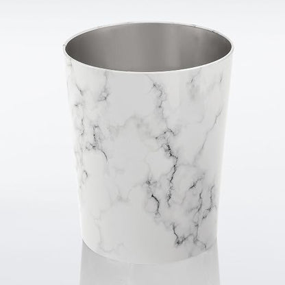 mDesign Round Metal Small 1.7 Gallon Recycle Trash Can Wastebasket, Garbage Container Bin for Bathrooms, Kitchen, Bedroom, Home Office - Durable Stainless Steel - Mirri Collection - White Marble
