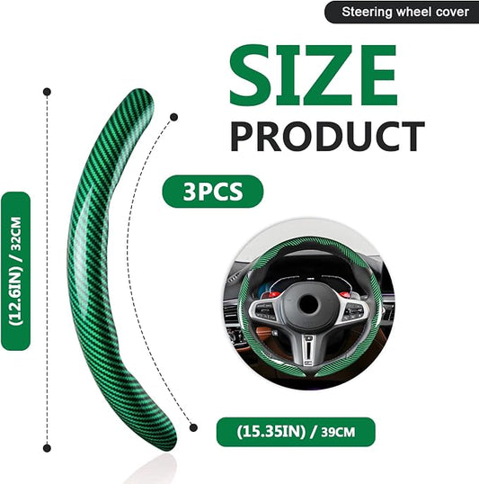 3pcs Universal Carbon Fiber Steering Wheel Cover - Anti-Slip & Segmented Design, Universal 99% Durable Steering Wheel Protector for Men and Women, Car Interior Accessory (Green)