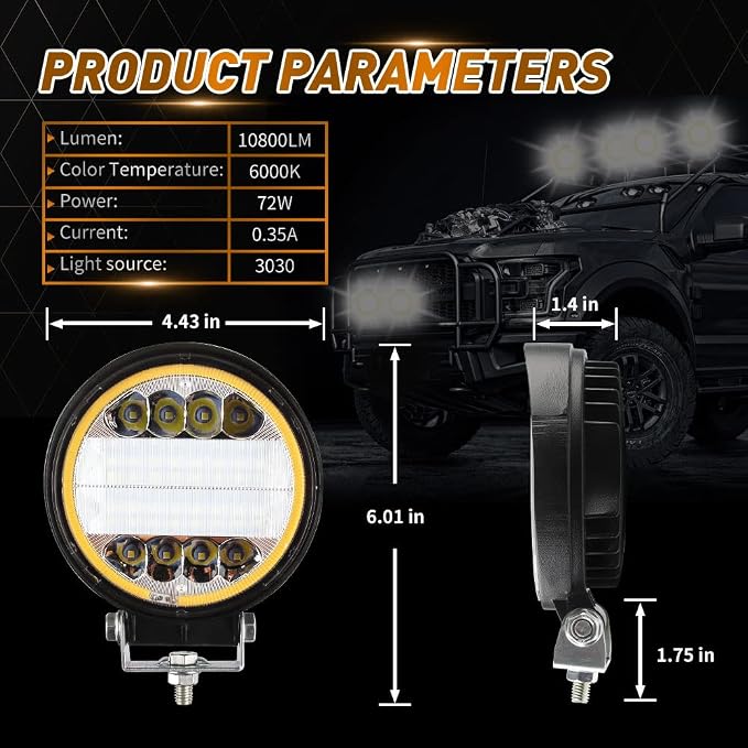 LED Light Pods,KaiDengZhe 72W 4.5" LED Work Light with Amber Strobe Halo Ring Off Road Pods Spot Flood Combo Lights Off Road Driving Fog Lights 12V -36V LED for Truck Pickup Jeep SUV ATV UTV-4PCS