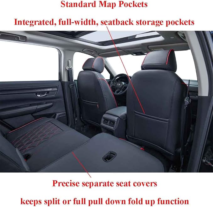 EKR CRV Seat Covers Custom Fit for Honda CRV 2017 2018 2019 2020 2021 2022,Leather Car Seat Cover Full Set for Trucks SUV,Waterproof Car Seat Cushion,Faux Leather (Black with Red Piping)
