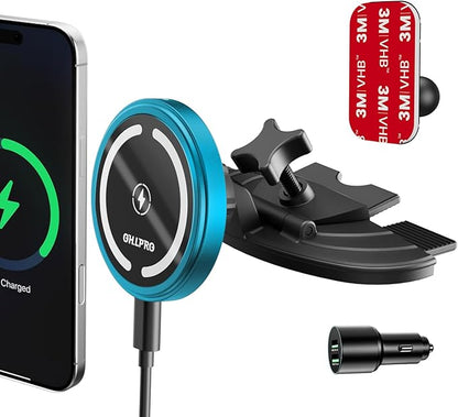 OHLPRO 15W Magsafe Car Mount Charger for iPhone 17, Fast Wireless Charging Magnetic CD Slot Holder with 3M Adhesive Base for Dashboard, Aluminum Shell, Compatible with iPhone 16 15 14 Series, Blue