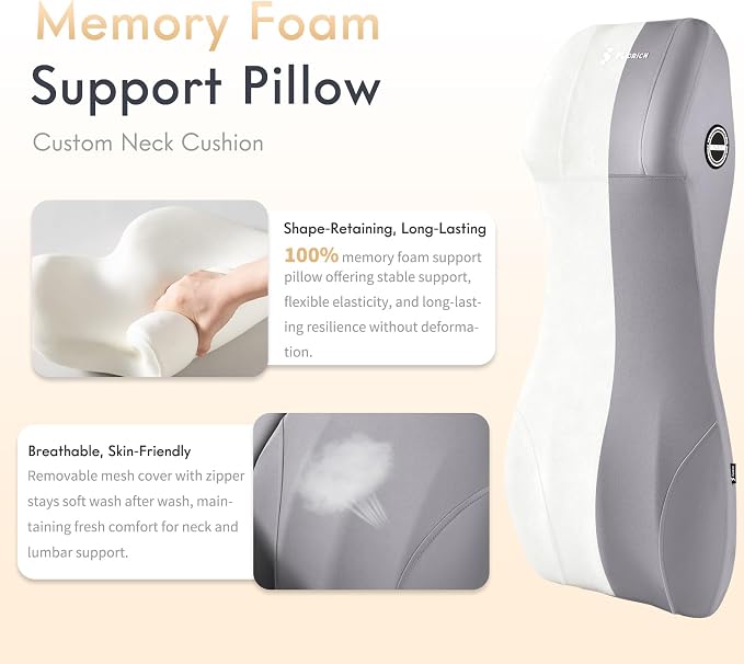 FLORICH Car Seat Cushion and Lumbar Support Headrest Pillow Memory Foam Seat Cushion Ergonomic 2-in-1 Car Neck Pillow & Back Support for Car Truck Seat Long Driving Sciatica Tailbone Pain Relief, Gray