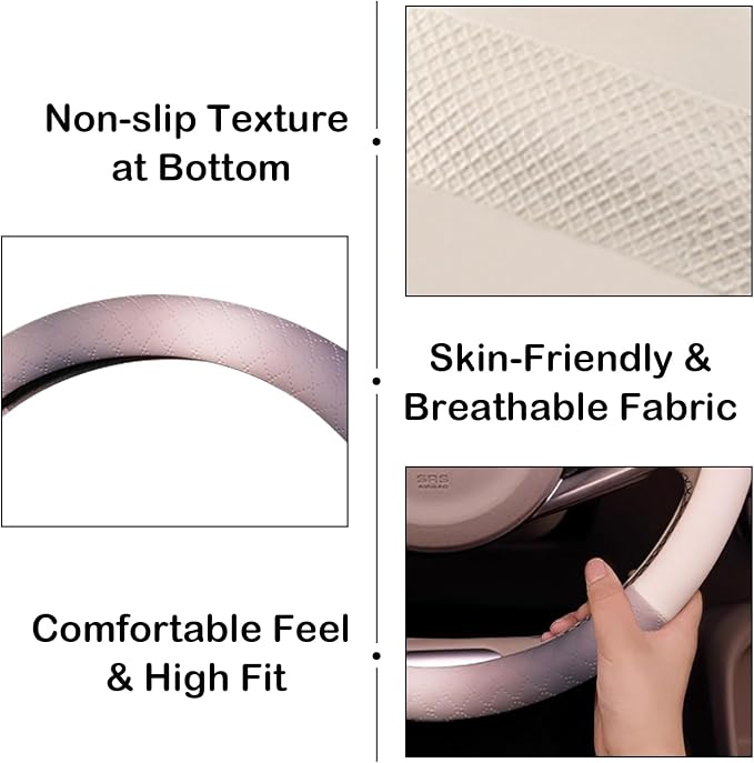 Steering Wheel Cover, Gray White Leather Steering Wheel Cover 14.5-15 Inch Non-Slip Breathable Microfiber Car Steering Wheel Covers for Men Women