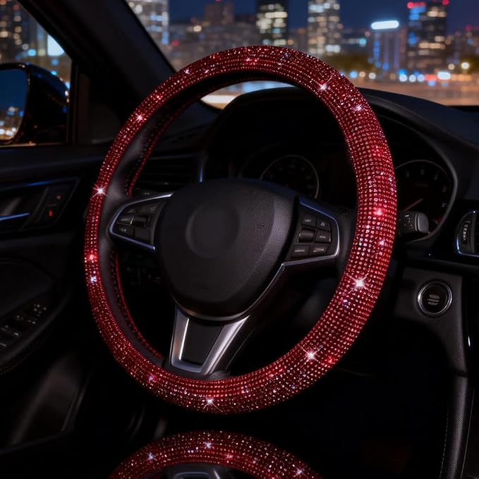 Car Bling Steering Wheel Cover for Women Girls Burgundy 15 Inch Universal Red Crystal Rhinestone Diamonds Bling Bling Accessories Anti-Slip Wheel Protector