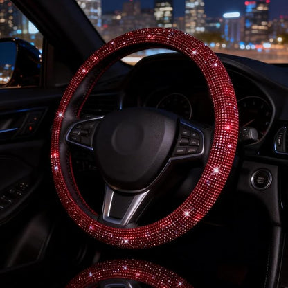Car Bling Steering Wheel Cover for Women Girls Burgundy 15 Inch Universal Red Crystal Rhinestone Diamonds Bling Bling Accessories Anti-Slip Wheel Protector