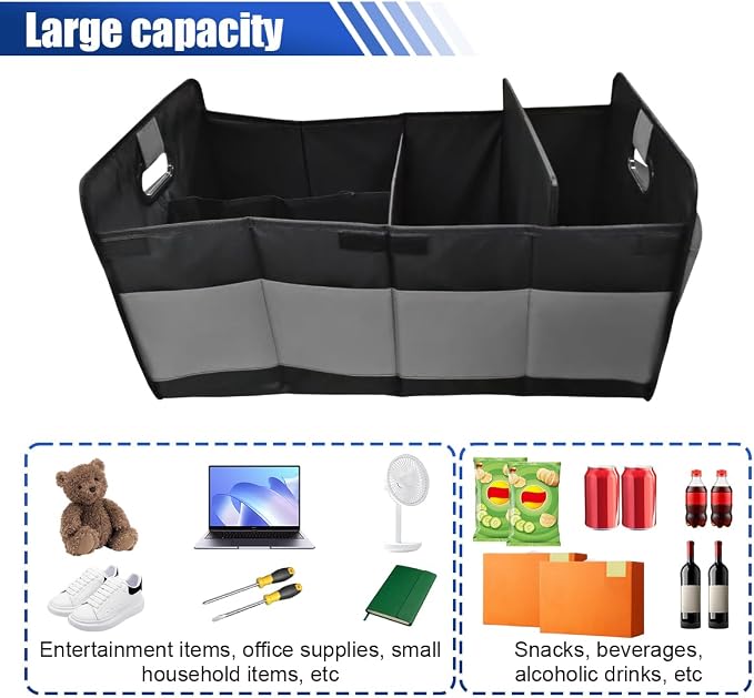 Car Trunk Organizer, Large Capacity Oxford Cloth Car Storage Box, Collapsible Multi-Compartment Organization Container, Waterproof Auto Interior Storage Accessories (Gray)