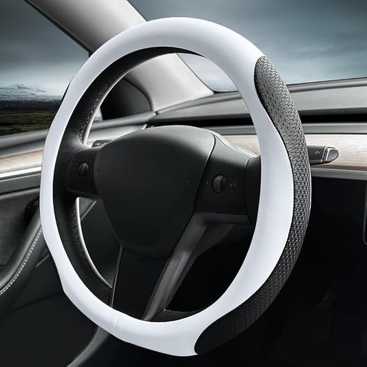 LKWLIKEI Nappa Leather Ultra-Thin Steering Wheel Cover, for Tesla Model 3/Y Steering Wheel Cover, Non-Slip Design and Interior Modification of car Accessories （White）