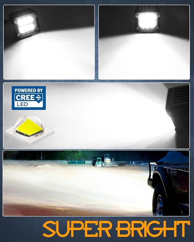 LED Pod Lights, Nirider 2PCS 120W 3 Inch CREE Fog Lights LED Cube Light Off Road Light Pods Spot Light Bars for Truck Car SXS UTV ATV Tractor Boat