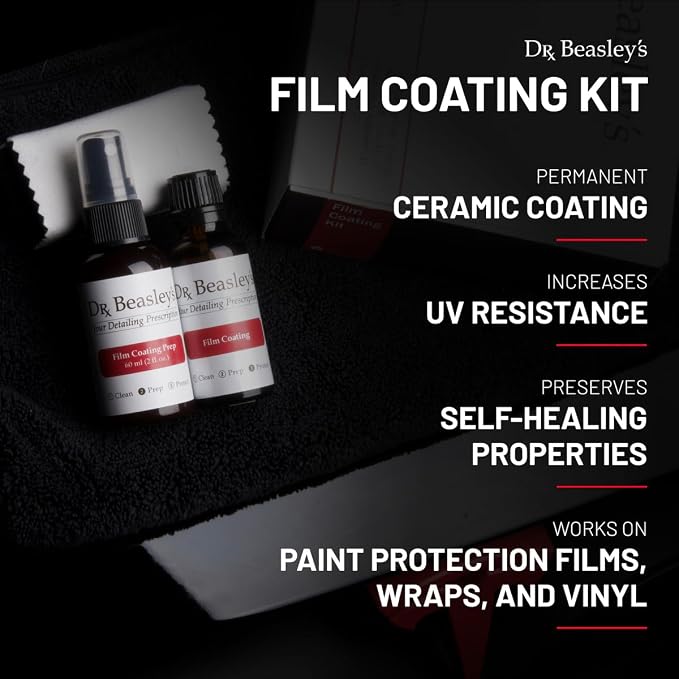Dr. Beasley's Film Coating Kit, 12 fl oz - Ceramic Coating Protects PPFs, Wraps, Vinyl from Yellowing, Fading, Etching, Staining. Includes Film Coating, Prep, Foam Block Applicator, 2 Suede Cloths