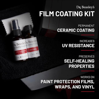 Dr. Beasley's Film Coating Kit, 12 fl oz - Ceramic Coating Protects PPFs, Wraps, Vinyl from Yellowing, Fading, Etching, Staining. Includes Film Coating, Prep, Foam Block Applicator, 2 Suede Cloths