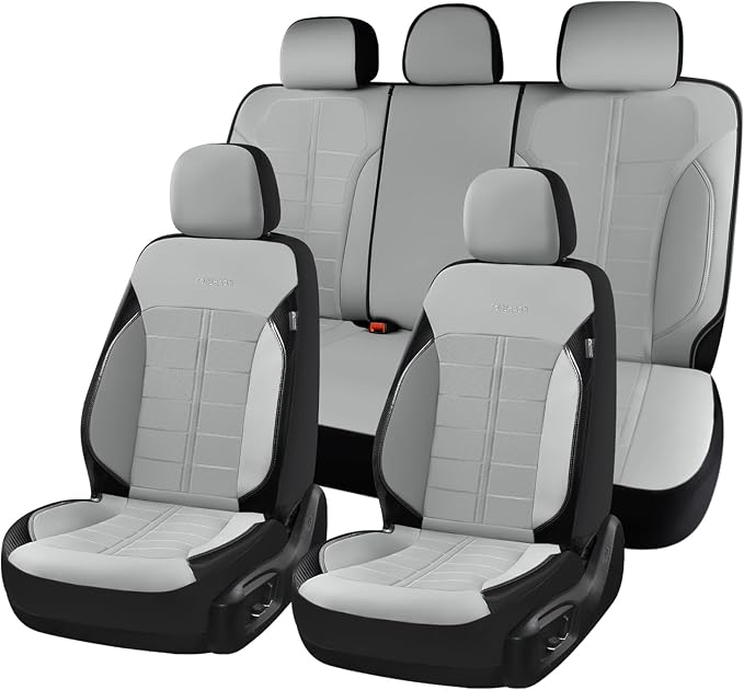 Coverado Full Set Leather Car Seat Covers, Crafted with Full Leather Construction and Carbon Fibre Weave Universal Fit for Most Cars SUV Trucks(Gray