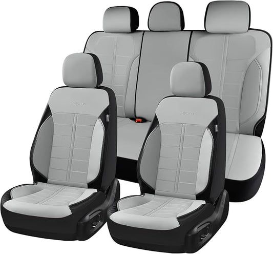 Coverado Full Set Leather Car Seat Covers, Crafted with Full Leather Construction and Carbon Fibre Weave Universal Fit for Most Cars SUV Trucks(Gray