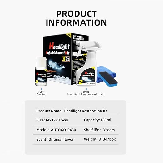 Automotive Headlamp Restoration Fluid Oxidized, Headlight Restoration Kits, Car Light Polisher Cleaning, Only for Headlight Cleaner Polishing.(10ML Coating+180ML Headlight Renovation Liquid)